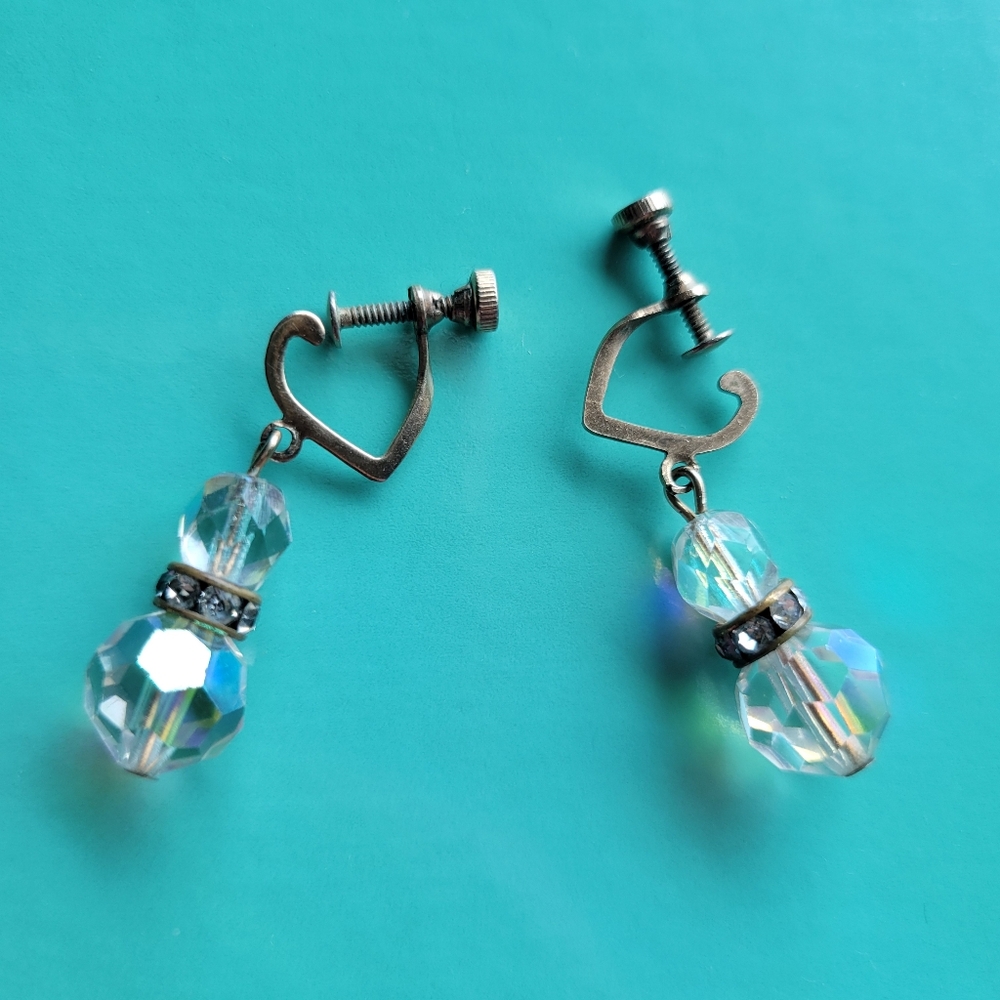 Vintage Aurora Borealis Screw-Back Earrings ~ Rhinestone Embellishment ~ Pretty!
